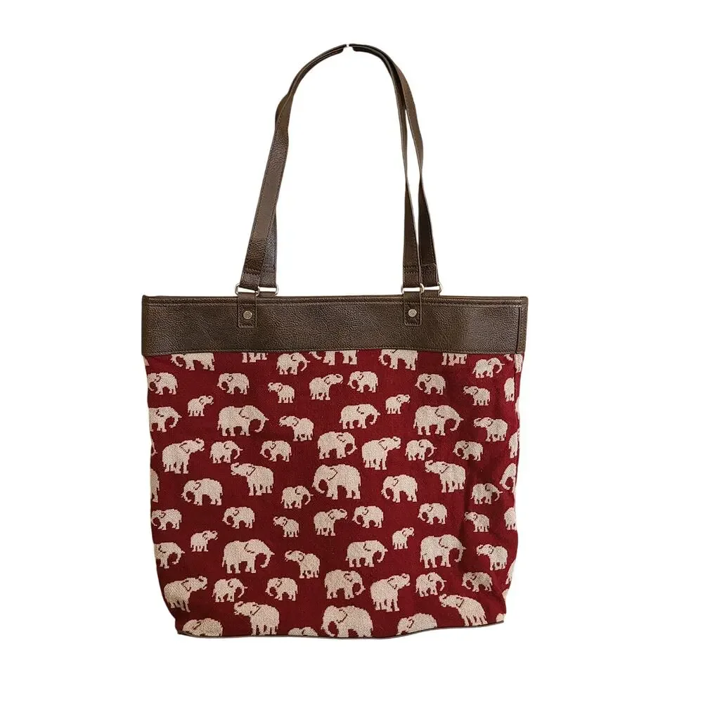 Jewell Thirty-One Reversible Tote‎ Bag Rio Weave Dark Red Elephant Safari Weave